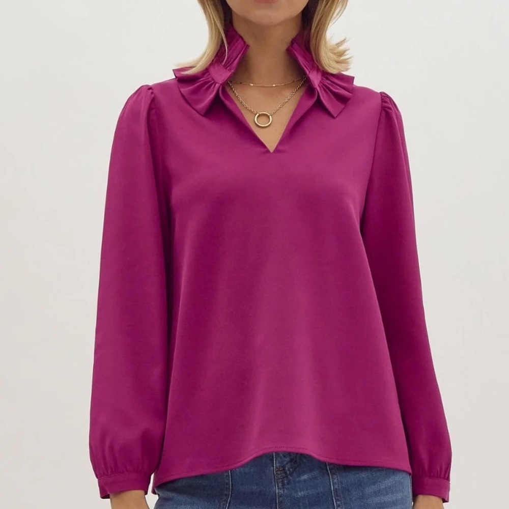 Entro Pink Ruffled Notched Collar Blouse